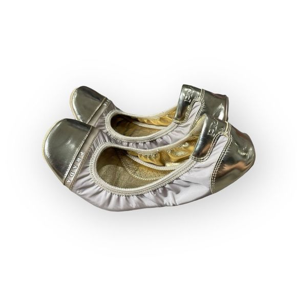 PRADA Leather & Nylon Scrunch Ballet Flats Shoes - Gold and Cream - Size 36 - Picture 3 of 11